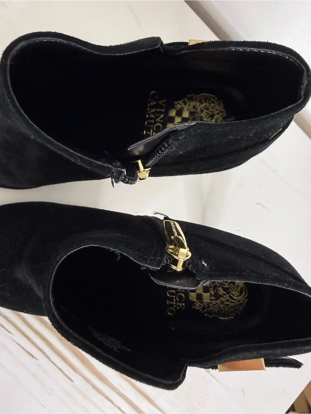 Vince Camuto Black Suede Ankle Booties with Gold Heel Plate